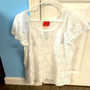 White top with silver beading around neck. Shear sleeves, great condition